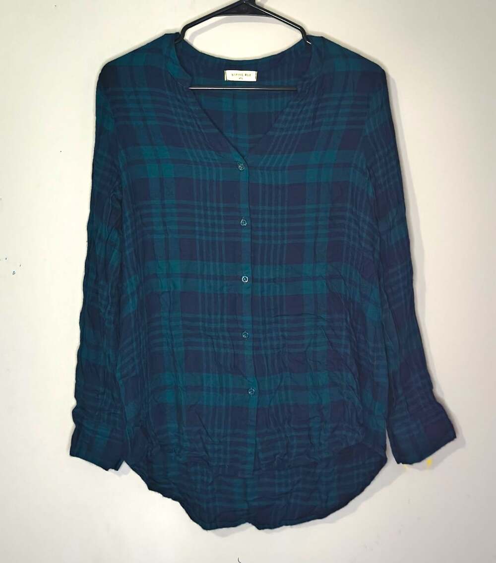 Sophie Rue Women's Size S Blue Green Plaid V-Neck Long Sleeve Viscose Blouse